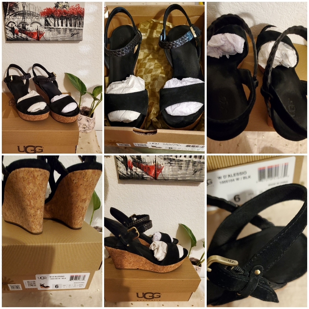 UGG AUSTRALIA Women's CORK WEDGE BRAIDED SUEDE Sandal - Size-6"